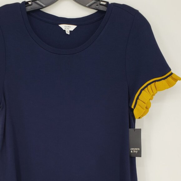 Crown & Ivy Knit Ruffle Trim Tee Shirt Top XS Short Sleeves Navy Blue Yellow NEW - Picture 5 of 8